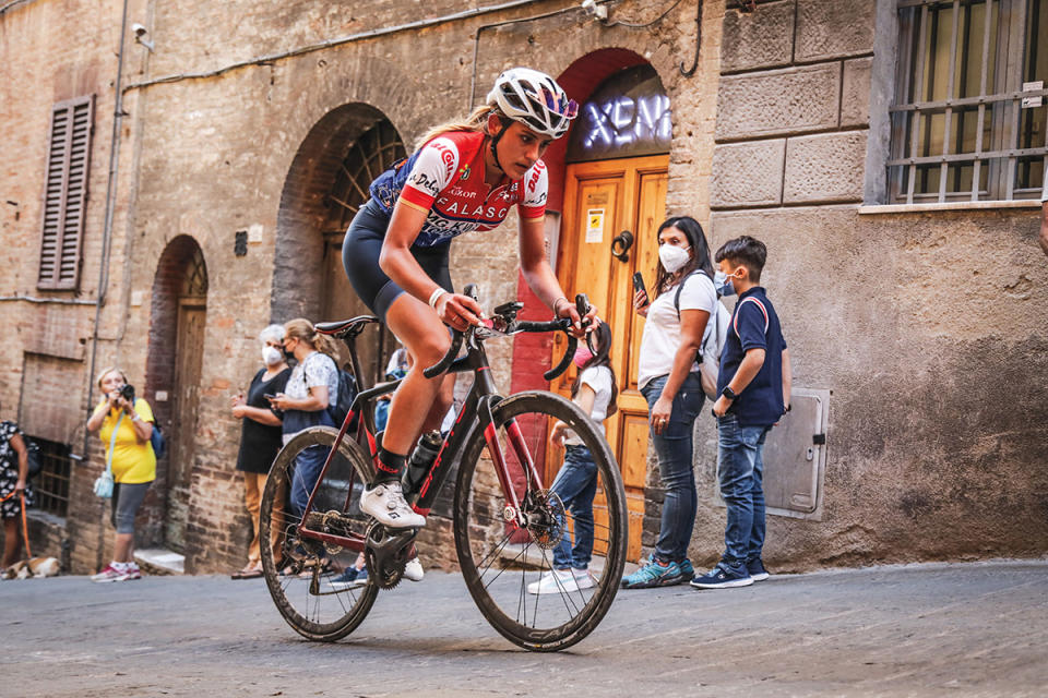 cyclist going through town