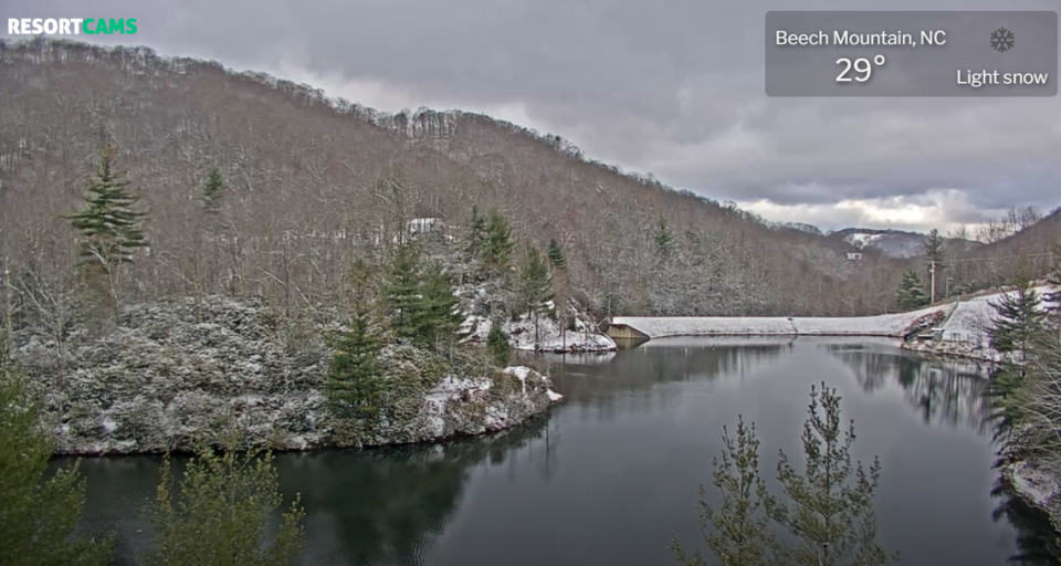 A screen grab from the webcam of Resort Cams shows the snow at Beech Mountain Buckeye Lake in Beech Mountain, NC on Wednesday morning.