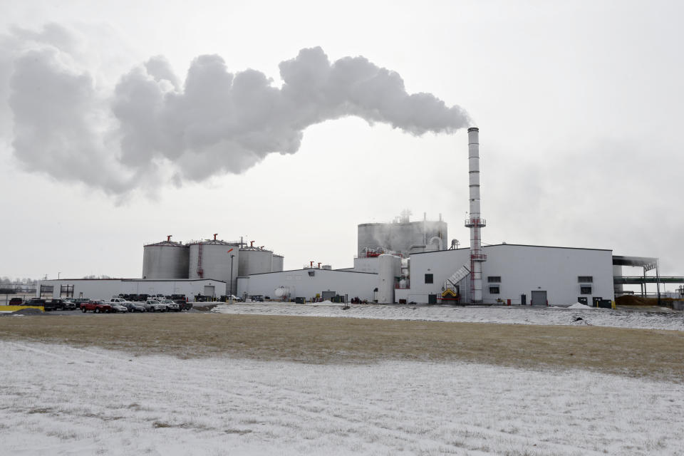 FILE - In this Jan. 6, 2015 file photo steam blows over the Green Plains ethanol plant in Shenandoah, Iowa. As hospitals and nursing homes run out of hand sanitizer to fight off the coronavirus, struggling ethanol producers are eager to help. They could provide alcohol to make millions of gallons of the germ-killing sanitizer, but the U.S. Food and Drug Administration has put up a roadblock, frustrating both the health care and ethanol industries with its inflexible regulations during a national health care crisis. (AP Photo/Nati Harnik, file)