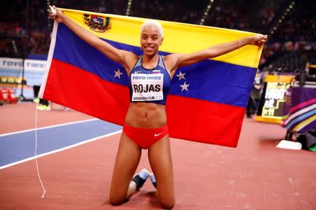 Athletics - IAAF World Indoor Championships 2018 - Arena Birmingham, Birmingham, Britain - March 3, 2018 Venezuela's Yulimar Rojas celebrates winning the Women’s Triple Jump Final REUTERS/Phil Noble