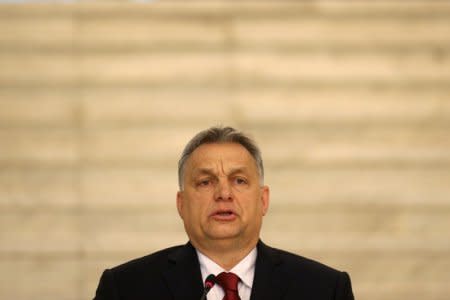 Hungarian Prime Minister Viktor Orban speaks during a joint news conference with Bulgaria's Prime Minister Boyko Borissov in Sofia, Bulgaria, February 19, 2018. REUTERS/Stoyan Nenov