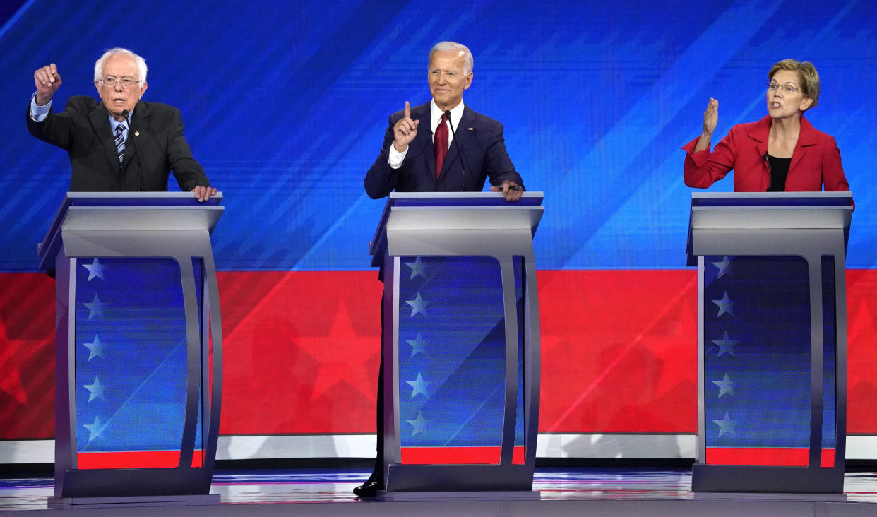 Sen. Bernie Sanders (I-Vt.), former Vice President Joe Biden and Sen. Elizabeth Warren (D-Mass.) participate in the Democratic presidential debate in Houston, Texas, on Sept. 12, 2019. (Photo: Mike Blake / Reuters)