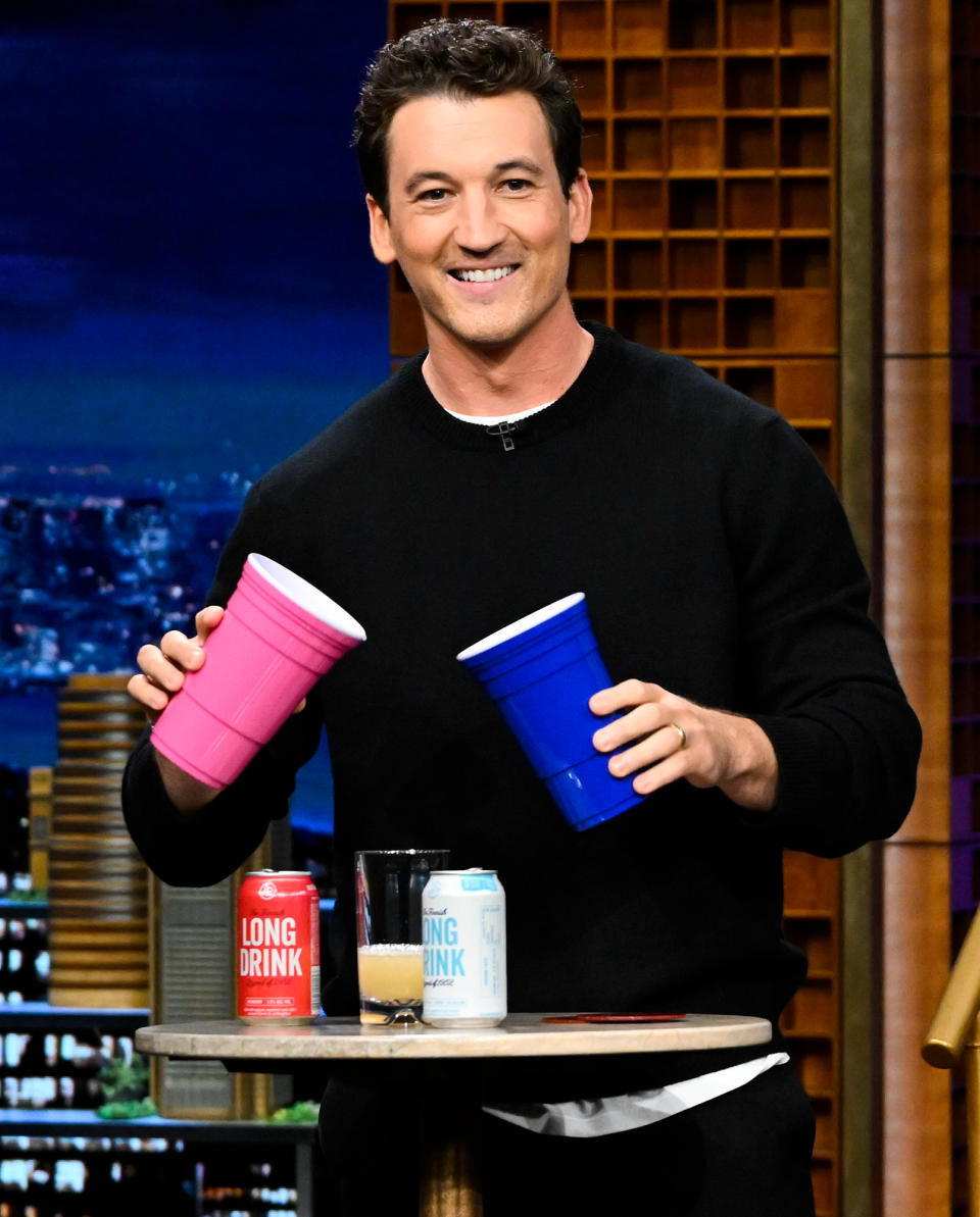 <p>Miles Teller joins Jimmy Fallon (not pictured) in a game of Drinko on <em>The Tonight Show </em>in N.Y.C. on Sept. 28. </p>