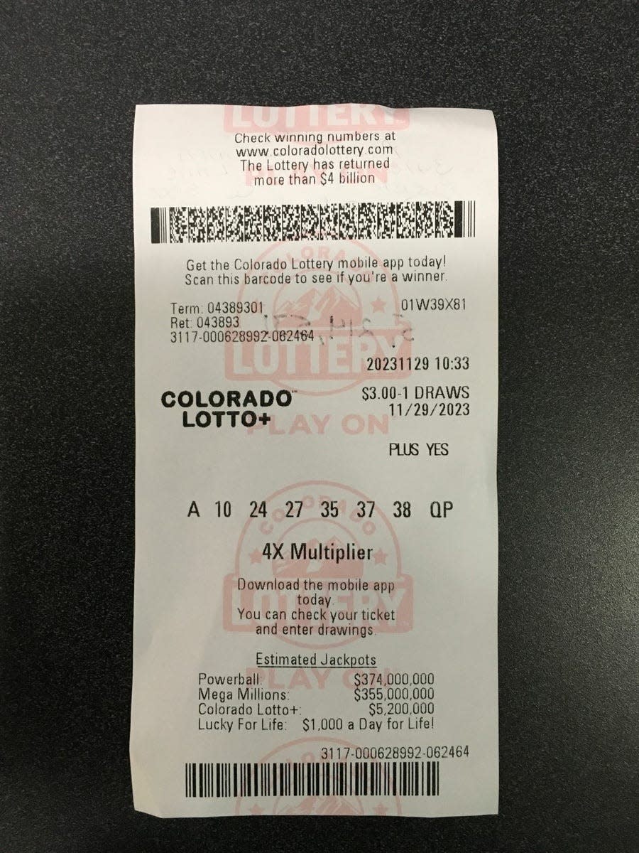 The winning ticket of Pueblo resident Pamela D., who won more than $5.2 million by matching six numbers in the Colorado Lotto+ contest.