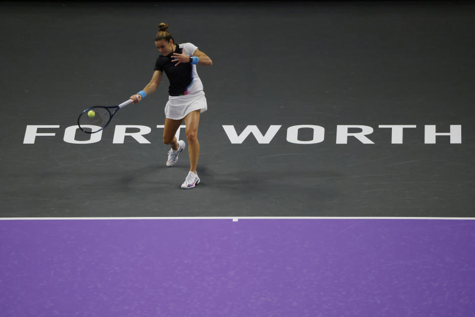 Maria Sakkari, of Greece, hit to Jessica Pegula in the WTA Finals tennis tournament in Fort Worth, Texas, Monday, Oct. 31, 2022. (AP Photo/Ron Jenkins)