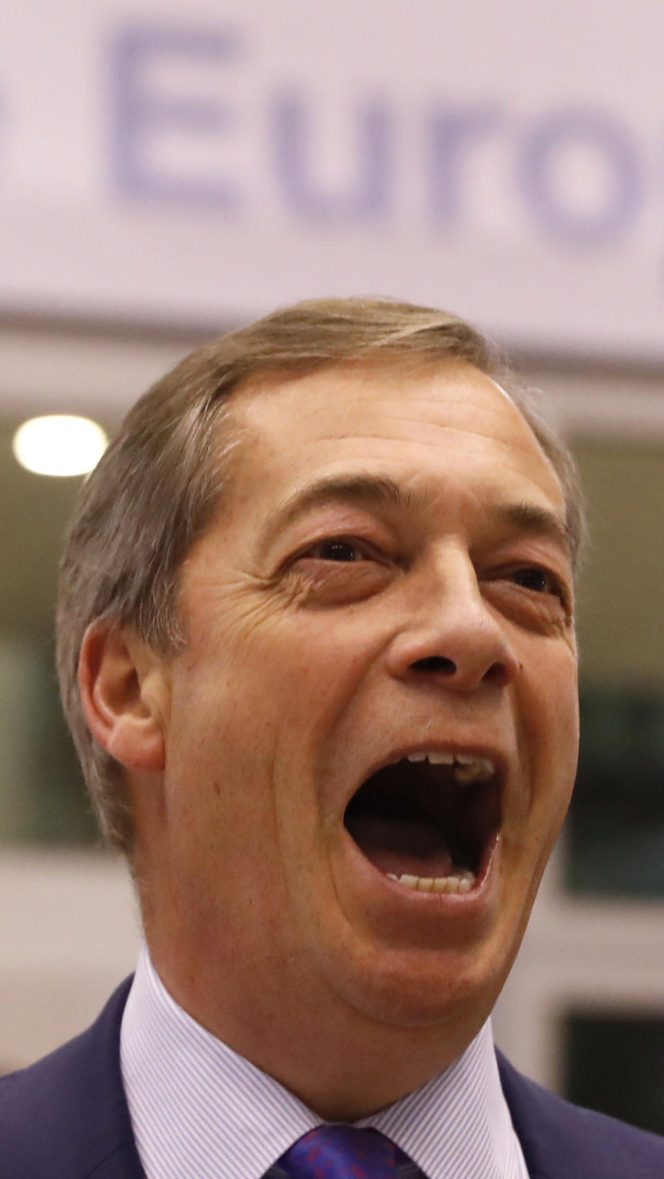 Member of European Parliament Nigel Farage speaks with journalists in the press room at an EU summit in Brussels, Thursday, Dec. 13, 2018. EU leaders gathered Thursday for a two-day summit which will center on the Brexit negotiations. (AP Photo/Alastair Grant)