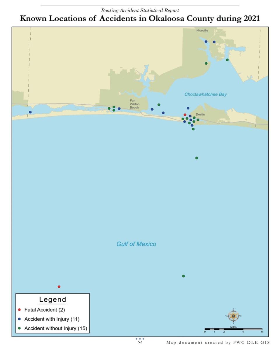 A map created by the Florida Fish and Wildlife Conservation Commission shows areas where boating accidents occurred in Okaloosa County in 2021. The Fort Walton Beach Police Department is looking to create a marine unit to help combat a high number of boating accidents in the county.