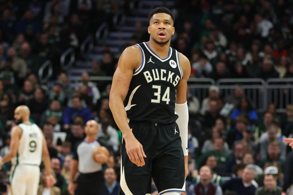 Giannis Antetokounmpo #34 of the Milwaukee Bucks walks to the bench during a game against the Boston Celtics at Fiserv Forum on Jan. 11, 2024, in Milwaukee, Wisconsin. The Bucks defeated the Celtics 135 - 102.