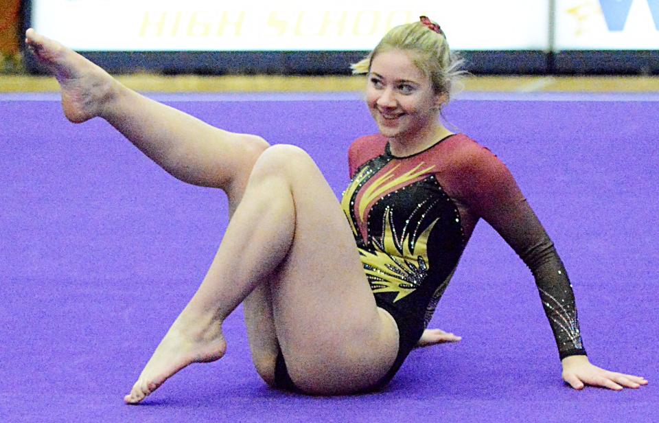 Milbank Area's Rylie Overby competes in the floor exercise Thursday during the Watertown Invitational gymnastics meet in the Civic Arena.