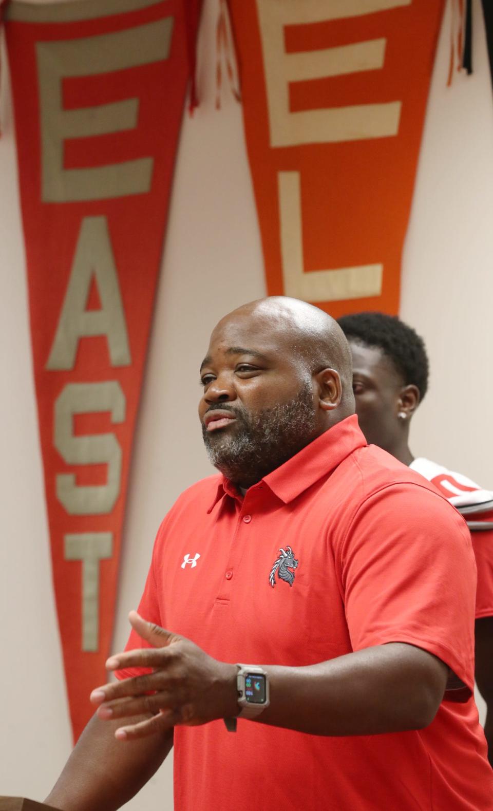 East's head coach Marques Hayes talks about football and being a leader during the City Series football luncheon at the Akron Education Association in Akron.