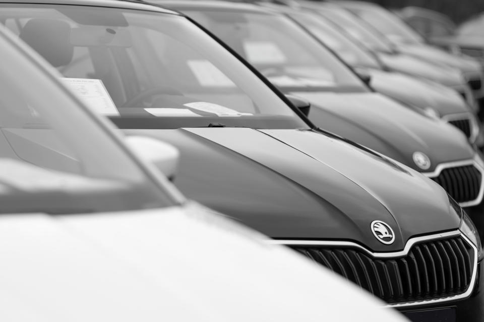 Hamburg, Germany - April 11. 2021: A row of Skoda Superb Cars parked at a public car dealership in Hamburg, Germany. No people in this picture