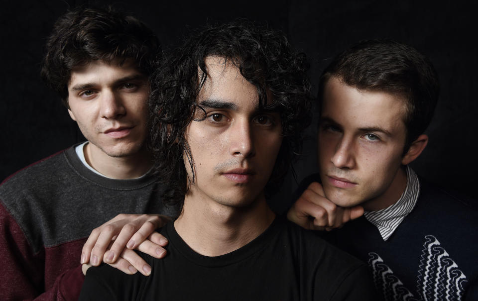 This March 20, 2019 photo shows Braeden Lemasters, from left, Cole Preston and Dylan Minnette of the indie rock band Wallows posing for a portrait at SIR Studios in Los Angeles. (Photo by Chris Pizzello/Invision/AP)