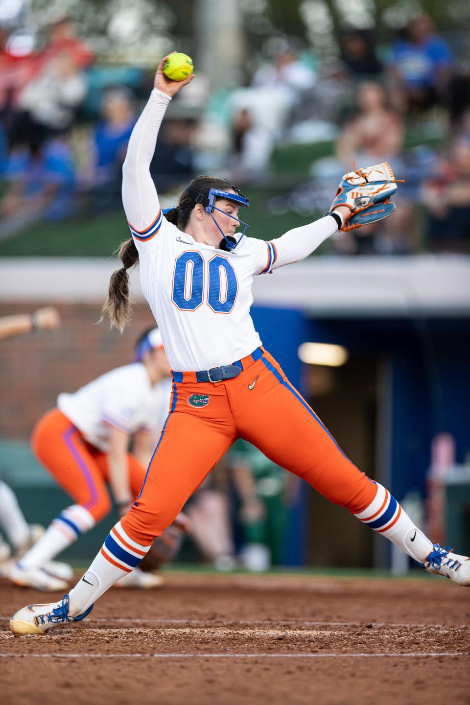 Florida Gators pitcher Ava Brown (00) pitches the ball against the Stetson Hatters during the game at Katie Seashole Pressly Stadium at the University of Florida in Gainesville, FL on Wednesday, March 13, 2024. [Matt Pendleton/Gainesville Sun]