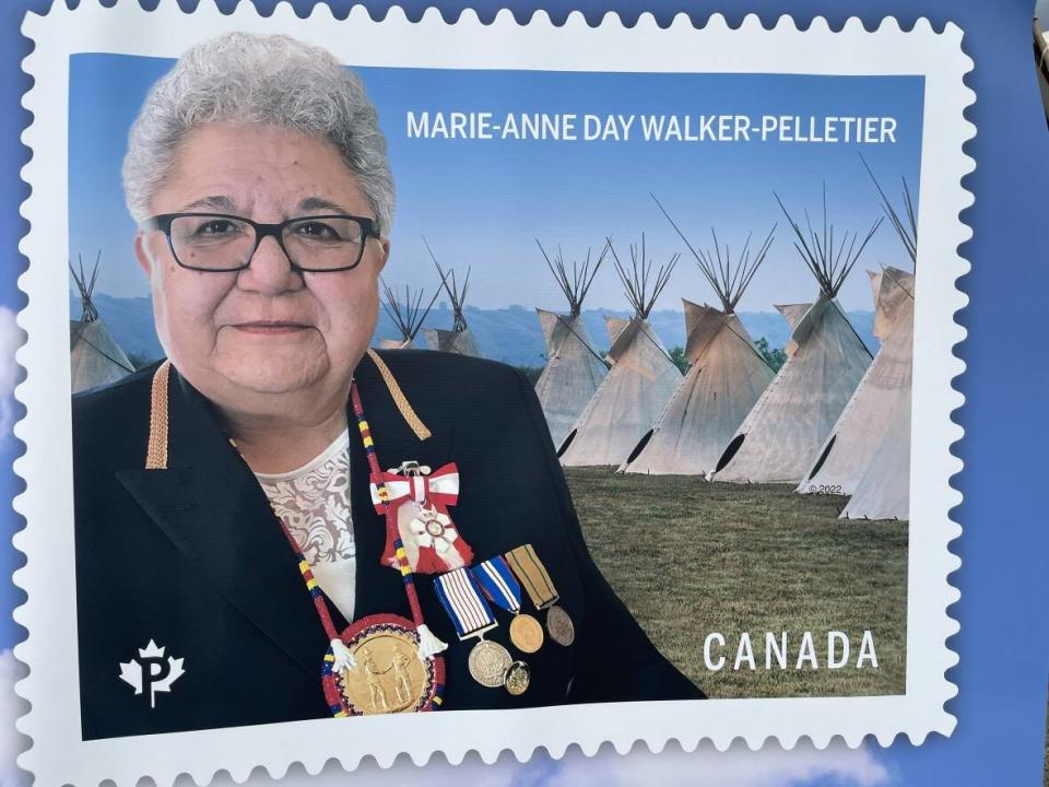 Marie-Anne Day Walker-Pelletier was chief of Okanese First Nation for nearly 40 years before retiring in 2020. She is one of three Indigenous leaders featured on stamps to be released on June 21, 2022. (Richard Agecoutay/CBC - image credit)