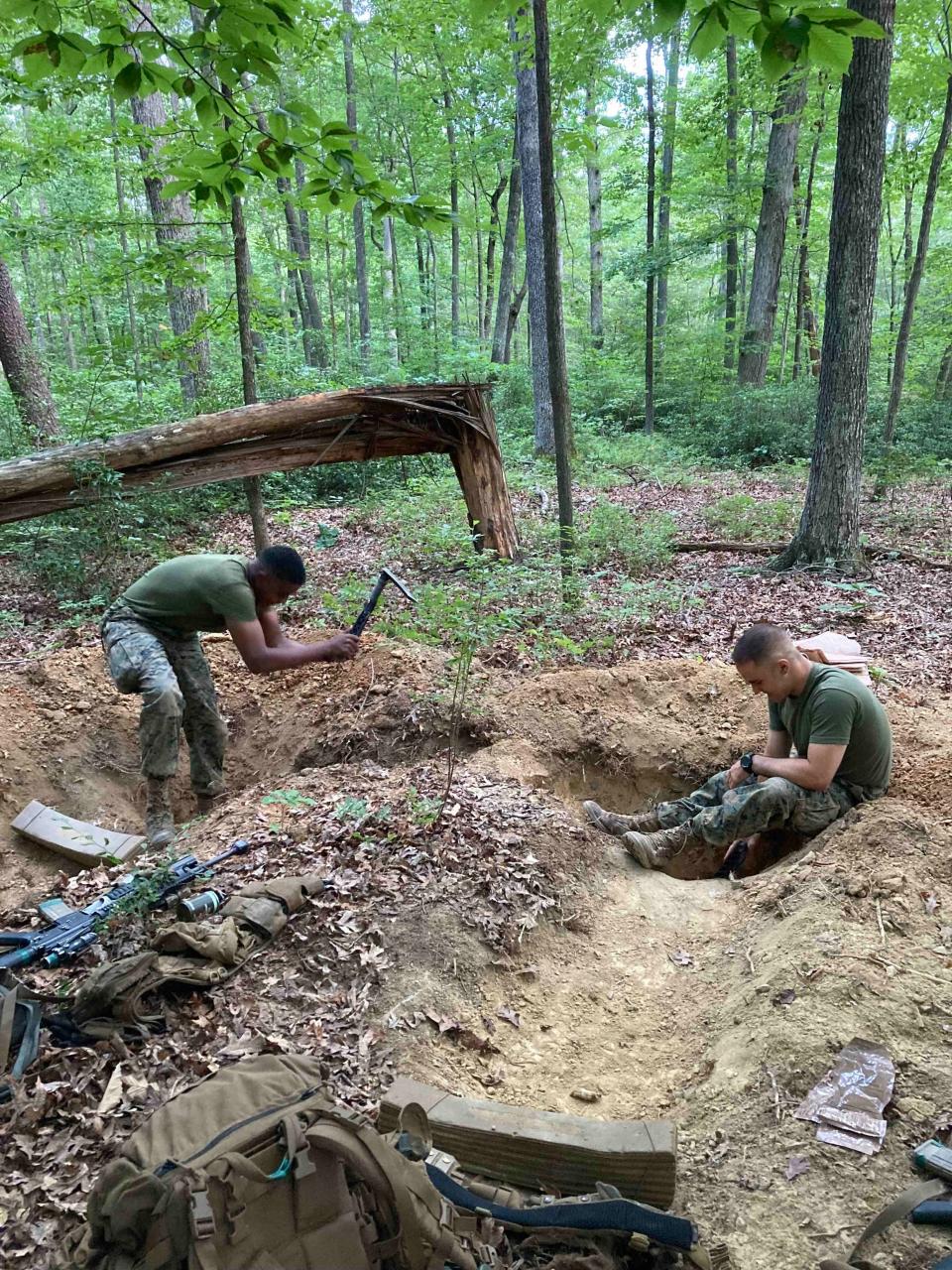 U.S. Marine 2nd Lt. Matthew Weiss of Tenafly, N.J., (right) after digging a fox hole during a training exercise at the Marine officers' Basic School in Quantico, Virginia.
(Credit: Courtesy of 2nd Lt. Matthew Weiss)