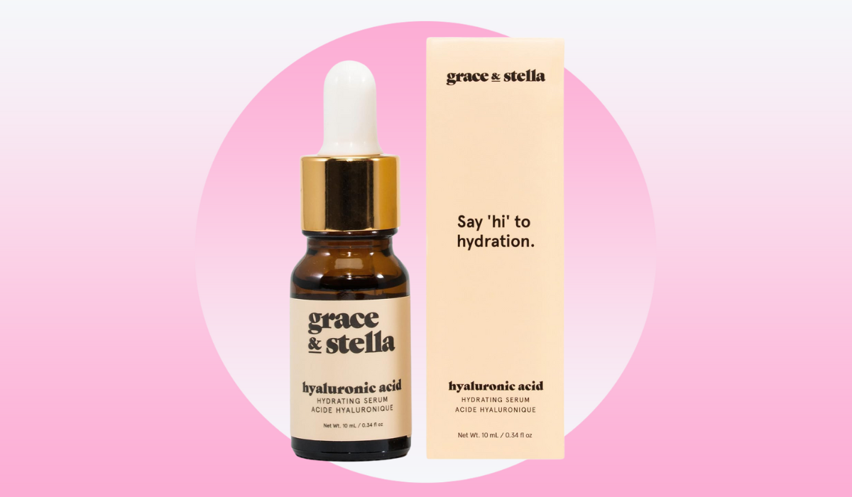 dropper bottle of Grace & Sella Hyaluronic Acid Serum next to box of product reading 