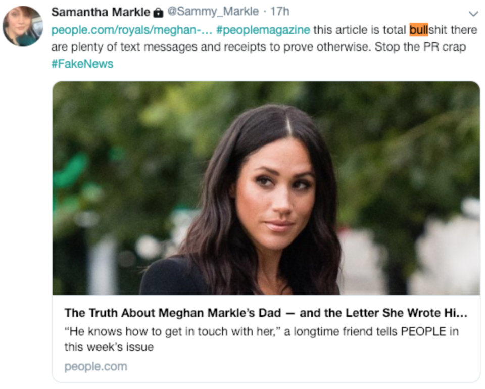 The tweet that Samantha Markle sent out from her private account [Photo: Twitter/@Sammy_Markle]