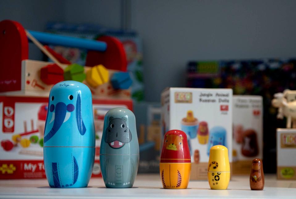 Children's toys are among the items for sale at the bookstore.