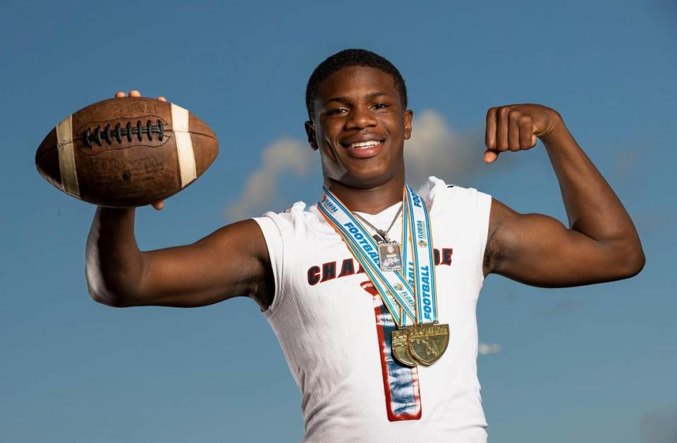 Joshisa Trader, Chaminade-Madonna College Preparatory School, Football. All-Broward players photographed at Brian Piccolo Sports Park on Thursday, Jan. 12, 2023, in Cooper City, Fla. MATIAS J. OCNER/mocner@miamiherald.com