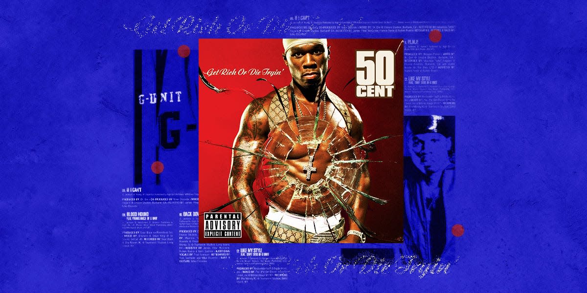 Photo collage featuring the cover art of 50 Cent's debut album "Get Rich or Die Tryin'