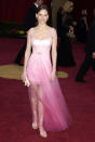 <b>Hilary Swank, 2003</b><br>John Galliano for Christian Dior appears again, this time for making Swank wear a slip, realizing that the dress was unfinished, and then saying, "But wait! We have tulle!" Both admirers and critics dubbed this a "ballerina-inspired" outfit -- but really it was more like Maidenform meets Jo-Ann Fabrics. At least the outfit showed off her muscular legs, probably trained by her "Million Dollar Baby" stint, for which she'd win an Oscar the next year. Time for a boxer-inspired dress!