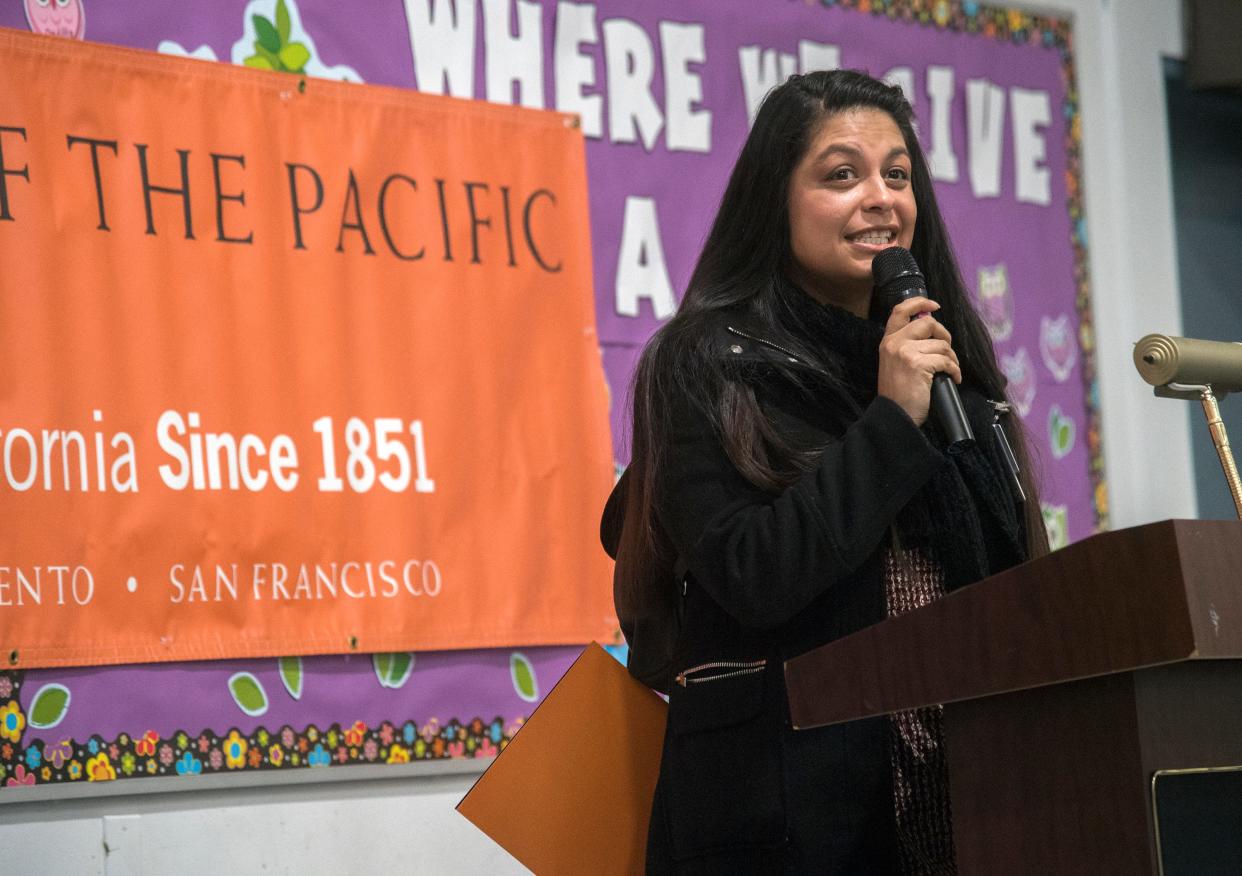 (2019/01/28)
Stockton Unified School District area 2 trust AngelAnn Flores speaks at an assembly that announced UOP's 6th annual San Joaquin Literacy report at Nightingale School in Stockton. [CLIFFORD OTO/THE RECORD]
