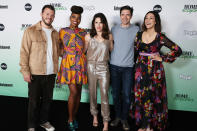 <p>The cast of ABC's <em>Home Economics </em>(including, from left, Jimmy Tatro, Sasheer Zamata, Karla Souza, Topher Grace and Caitlin McGee) keep it all in the (TV) family at a PEOPLE & EW-hosted drive-in screening of the show's season 2 premiere in L.A. on Sept. 20.</p>