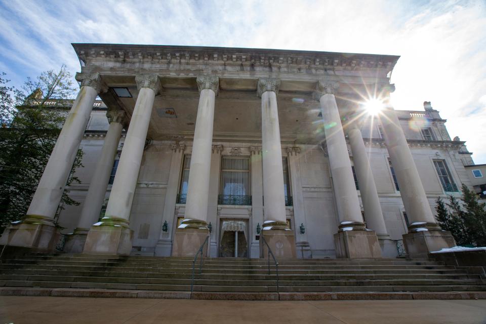 The original rear entrance, which is now the front entrance, to Great Hall, formerly named Wilson Hall, at Monmouth University in West Long Branch, NJ Friday, February 5, 2021.