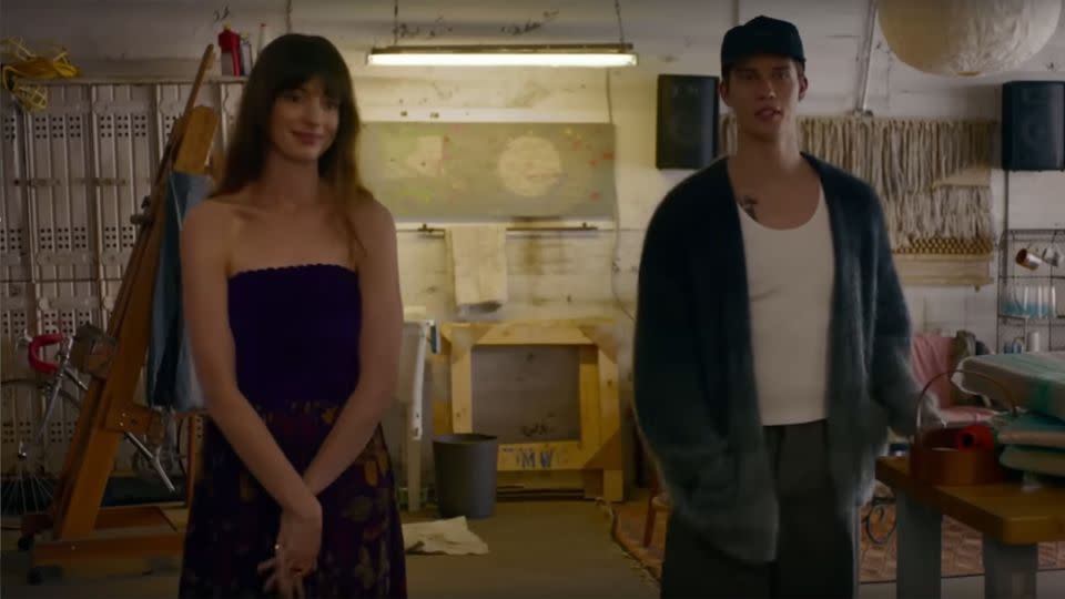 When Hayes tracks Solène down at her art gallery, Hathaway wears a vintage Chanel dress while Galitzine is dressed in a Isabel Marant cardigan. - From Prime