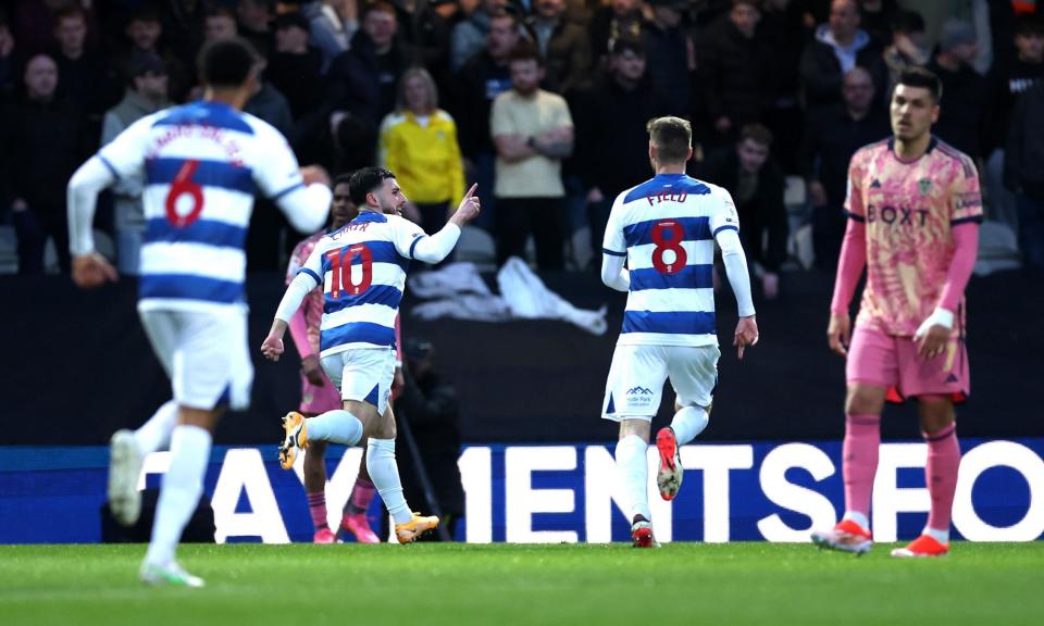 <span>Ilias Chair (second left) celebrates after opening the scoring for QPR in the eighth minute.</span><span>Photograph: Steven Paston/PA</span>