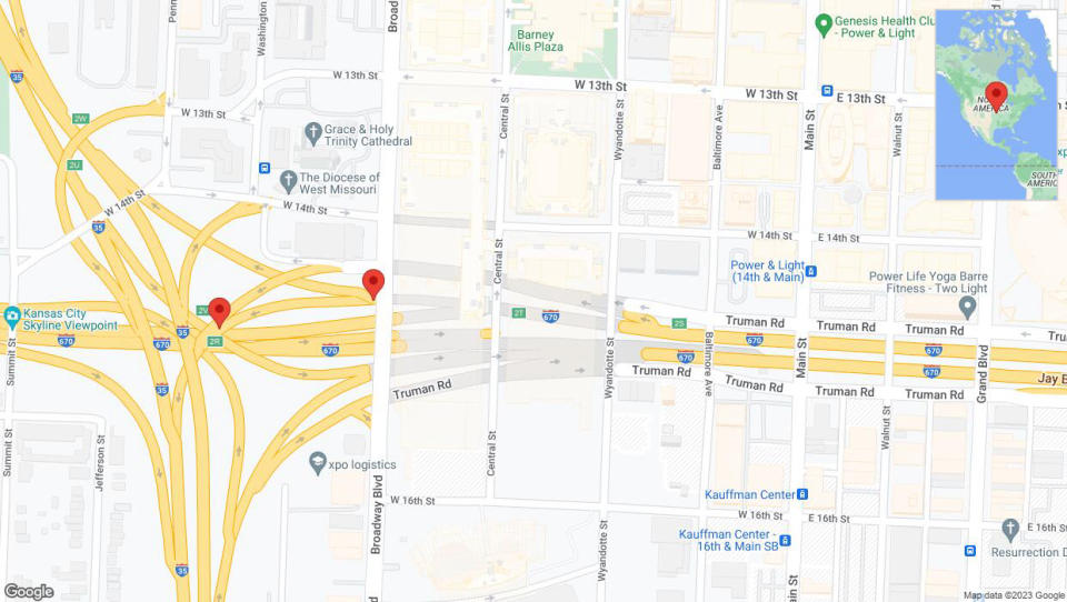 A detailed map that shows the affected road due to 'Broken down vehicle on Broadway Boulevard in Kansas City' on December 29th at 2:27 p.m.