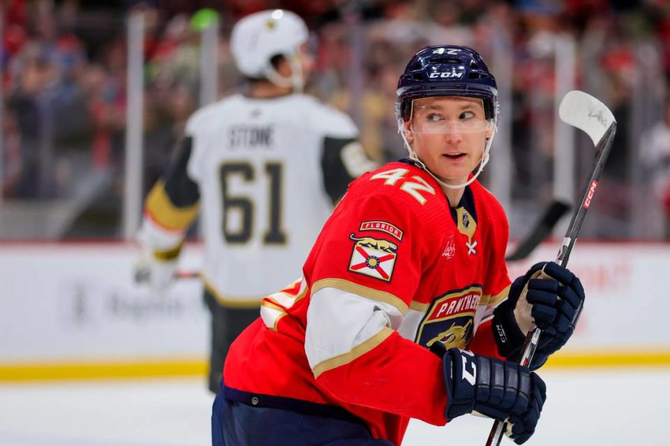 Dec 23, 2023; Sunrise, Florida, USA; Florida Panthers defenseman Gustav Forsling (42) looks on after scoring against the Vegas Golden Knights during the second period at Amerant Bank Arena.