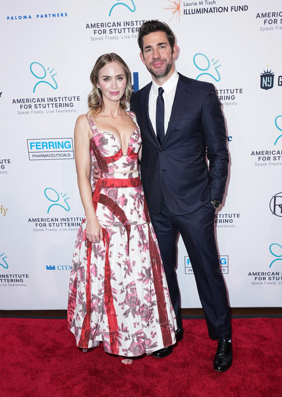 Emily Blunt in floral two piece ensemble and John Krasinski at The American Institute for Stuttering’s 18th Annual Gala