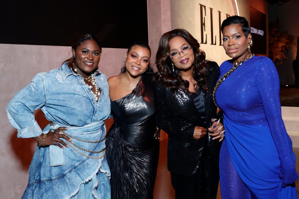 Danielle Brooks (left), Taraji P. Henson, Oprah Winfrey and Fantasia Barrino Taylor of "The Color Purple" musical adaptation pose during Elle's 2023 Women in Hollywood Celebration at Nya Studios on Dec. 5, 2023, in Los Angeles, California.