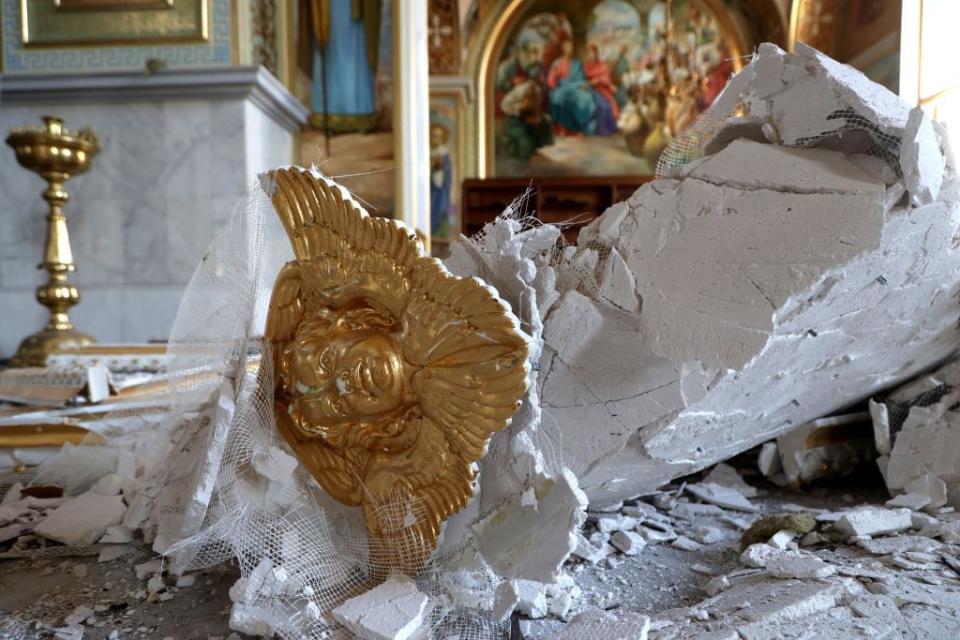 The destruction caused to the Transfiguration Cathedral in Odesa, Ukraine, by the Russian missile attack on July 23, 2023. (Photo by OLEKSANDR GIMANOV/AFP via Getty Images)