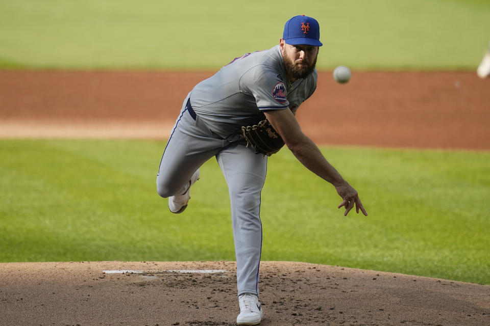 New York Mets' Adrian Houser pitches to a Cleveland Guardians batter during the first inning of a baseball game Tuesday, May 21, 2024, in Cleveland. (AP Photo/Sue Ogrocki)