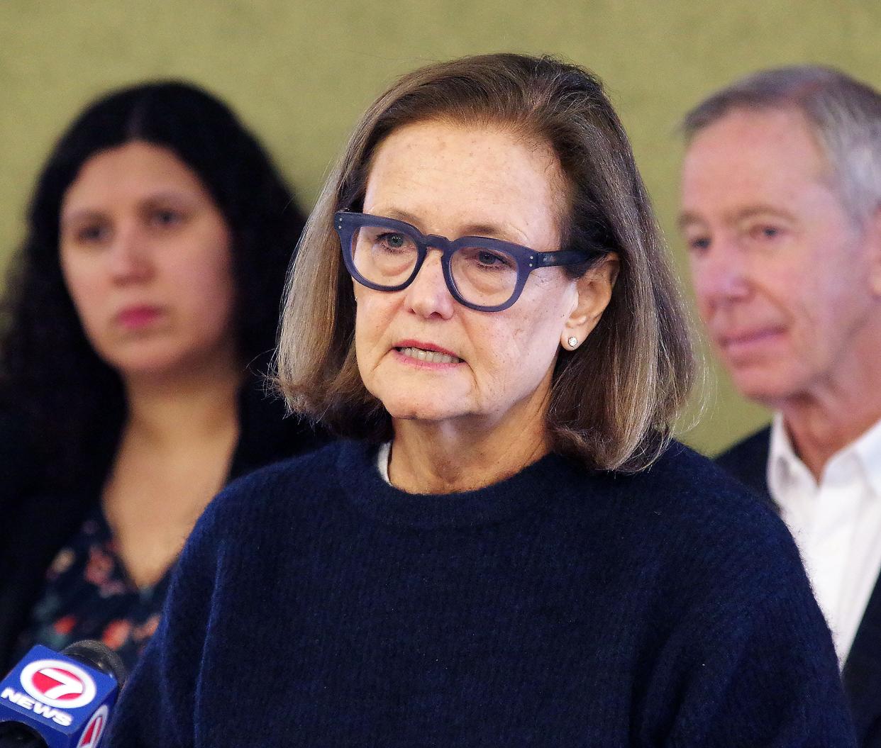 Massachusetts Secretary of Health and Human Services Kate Walsh answers a question at a press conference at Good Samaritan Medical Center in Brockton on Wednesday, Feb. 21, 2024. On the left is State Rep. Rita Mendes, D-Brockton, and U.S. Rep Stephen Lynch, whose district includes Brockton. The hospital's owner, Steward Health Care, which owns eight other hospitals in Massachusetts, including Morton in Taunton and Saint Anne's in Fall River, is in an ongoing financial crisis.