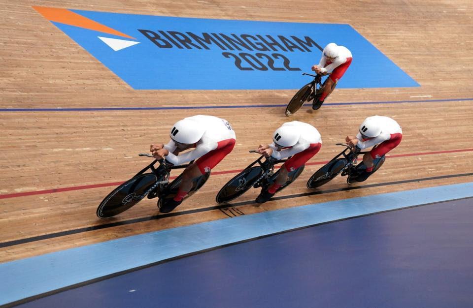 Dan Bigham, Charlie Tanfield, Ethan Vernon and Oli Wood on their way to a silver medal at the Commonwealth Games (John Walton/PA) (PA Wire)