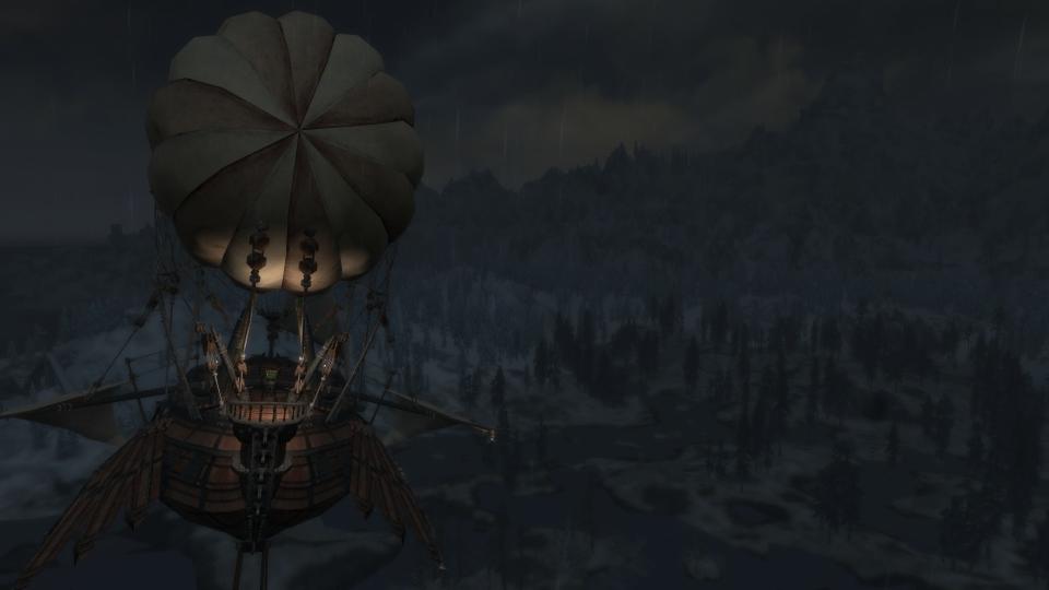 Best Skyrim mods — the player-added airship in flight over Skyrim's snowy woodland.