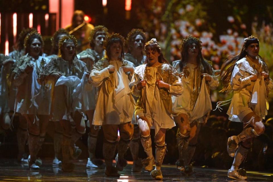 Dancers perform with Wet Leg at the 2023 Brit awards ceremony at the O2 arena in London