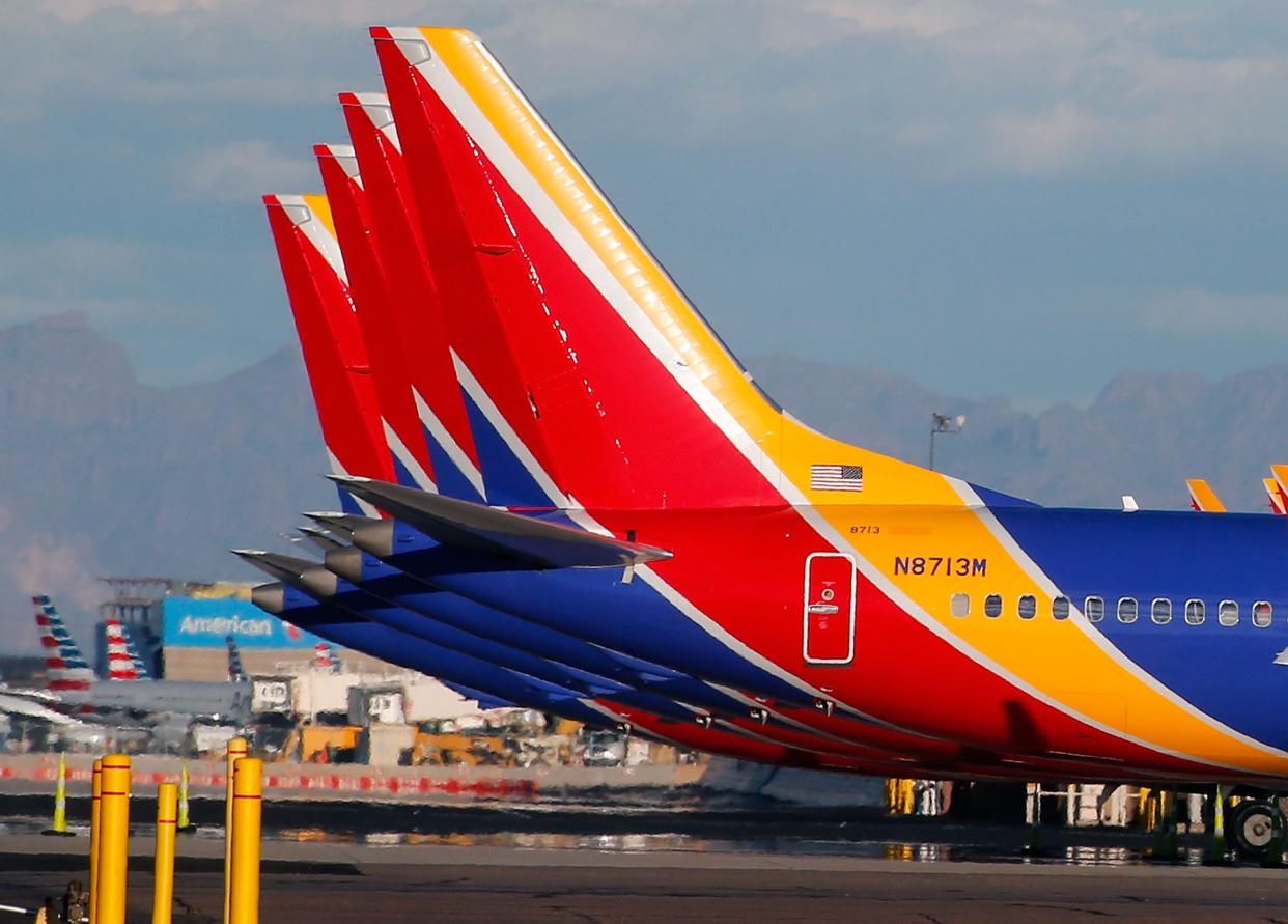 A group of Southwest Airlines Boeing 737 MAX 8 aircraft sit on the tarmac at Phoenix Sky Harbor International Airport on March 13, 2019 in Phoenix, Arizona.