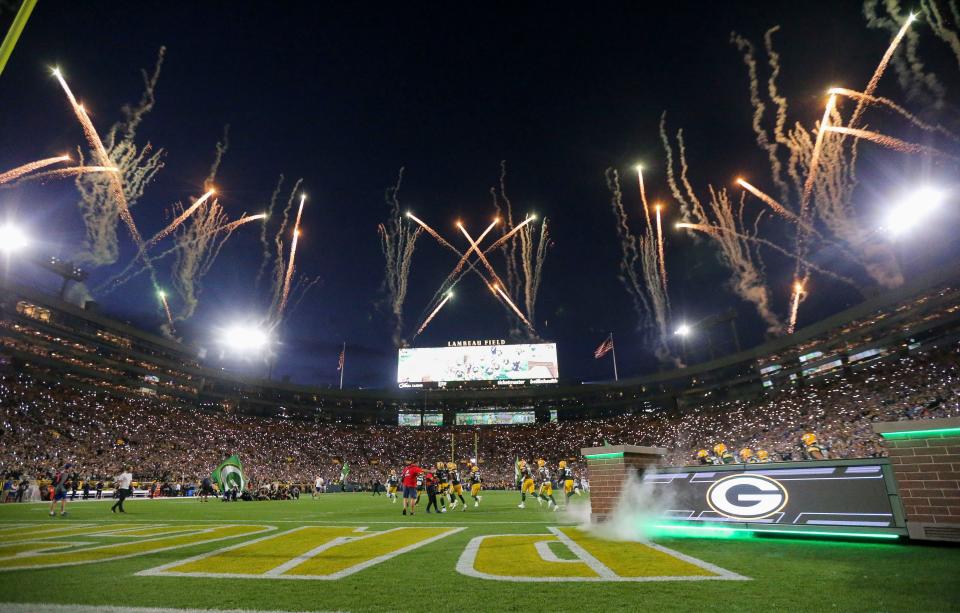 Fireworks are fired off as the Green Bay Packers run out of the tunnel before their football game against the Detroit Lions on Thursday, September 28, 2023, at Lambeau Field in Green Bay, Wis. The Lions won the game, 34-20.
Tork Mason/USA TODAY NETWORK-Wisconsin