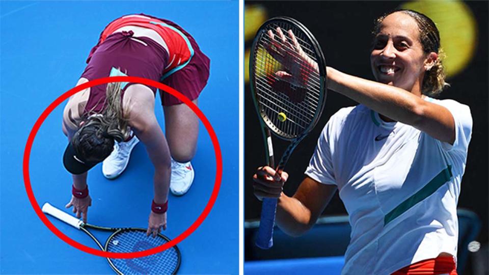 Paula Badosa (pictured left) having dropped her racket and (pictured right) Maddison Keys celebrating her win at the Aus Open.