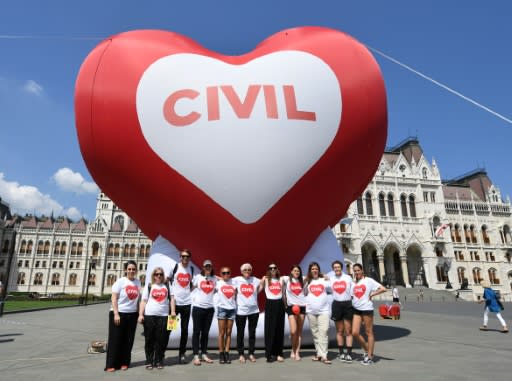 Leading Hungarian NGOs pose with a giant heart-shaped balloon during a demonstration against the so-called 'Stop Soros' laws