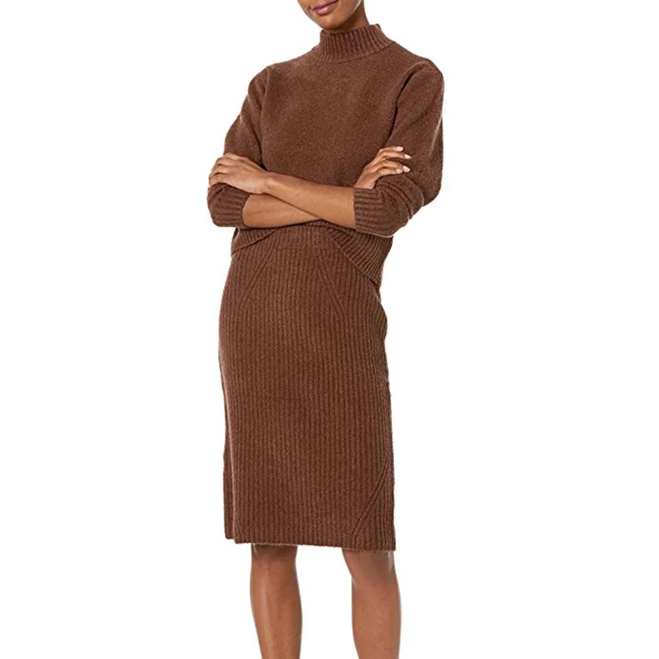 Daily Ritual Women's Cozy Boucle Cropped Crewneck Sweater & Pencil Skirt Set