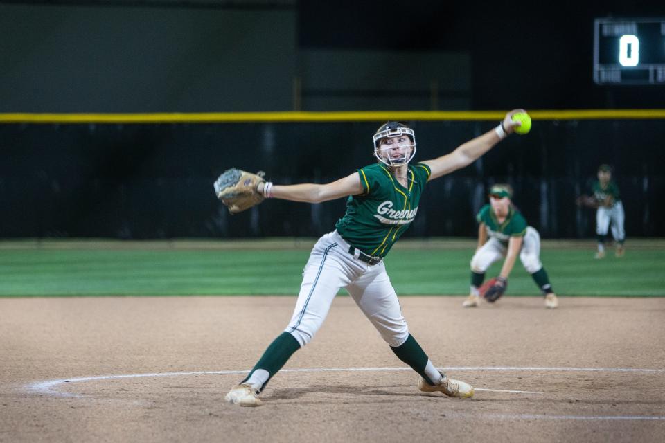 Greenway Demons' Kaitlyn Terry pitches the ball during a softball game against the Coconino Panthers on May 2, 2023, in Phoenix.