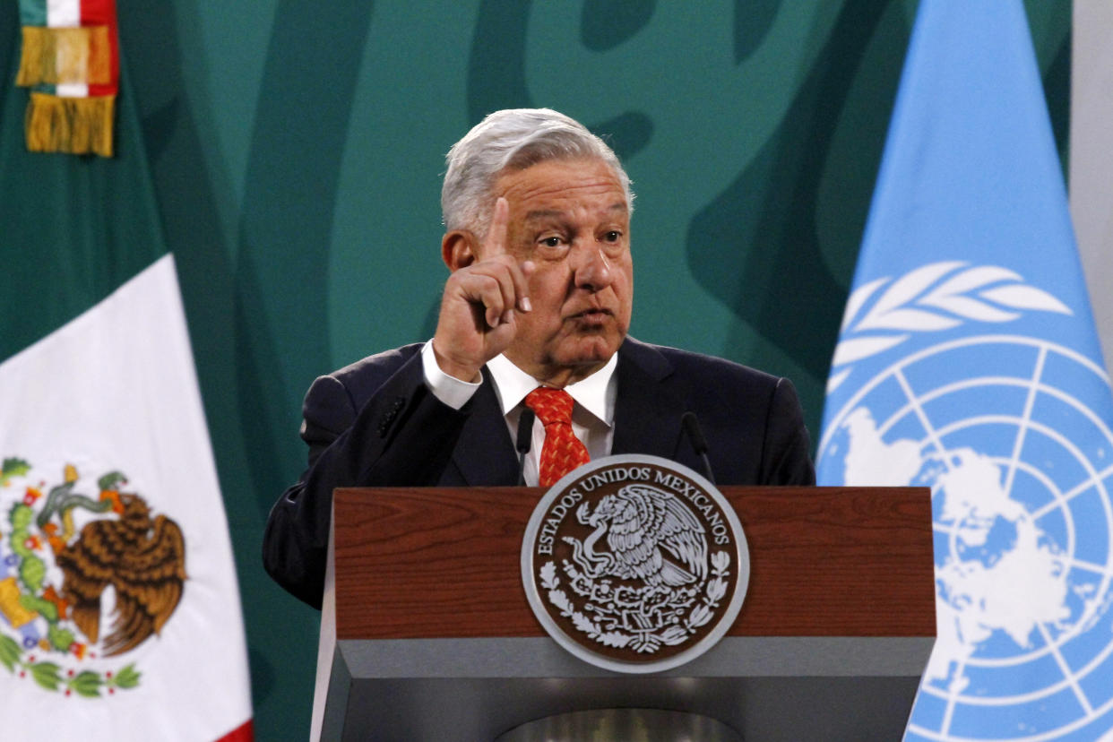 MEXICO CITY, MEXICO MARCH 29: Mexican President Andres Manuel López Obrador speaks during a briefing morning press conference who talk about the murder of Salvadoran , Victoria Esperanza Salazar, in Tulum, Quintana Roo, by four municipal police officers during an arrest. On March 29, 2021 in Mexico City, Mexico. (Photo credit should read Luis Barron / Eyepix Group/Barcroft Media via Getty Images)