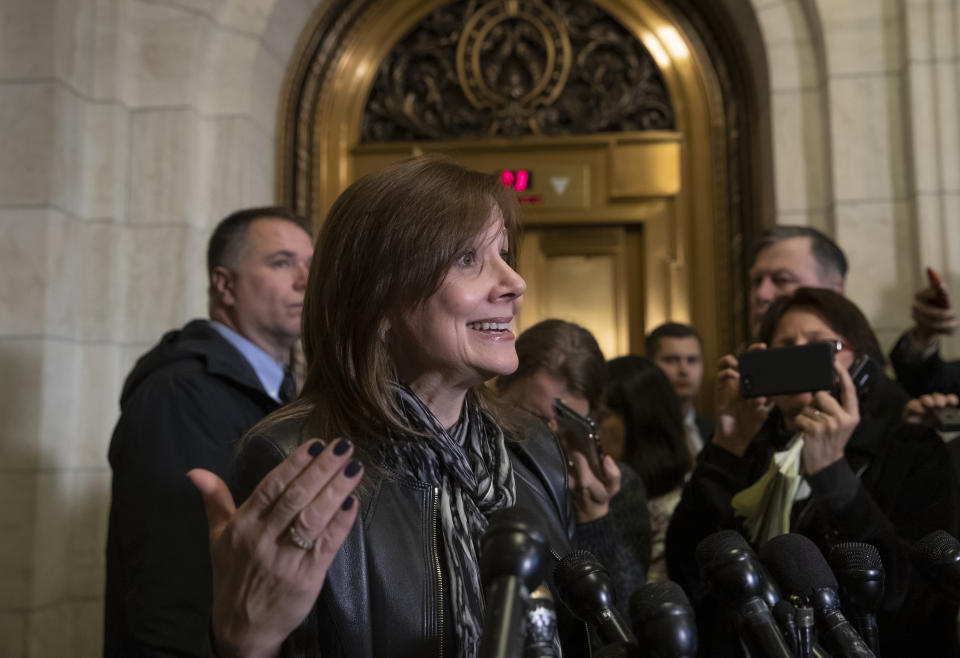 General Motors CEO Mary Barra speaks to reporters after a meeting with Sen. Sherrod Brown, D-Ohio, and Sen. Rob Portman, R-Ohio, to discuss GM's announcement it would stop making the Chevy Cruze at its Lordstown, Ohio, plant, part of a massive restructuring for the Detroit-based automaker, on Capitol Hill in Washington, Wednesday, Dec. 5, 2018. (AP Photo/J. Scott Applewhite)