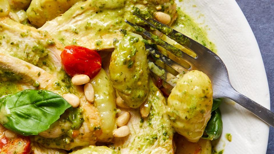 creamy pesto baked gnocchi and chicken skillet