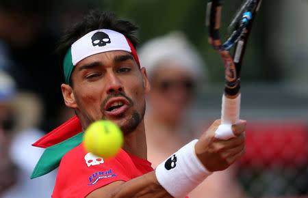 Tennis - Argentina v Italy - Davis Cup World Group First Round - Parque Sarmiento stadium, Buenos Aires, Argentina - 6/2/17. Italy's Fabio Fognini plays a shot during his match against Argentina's Guido Pella. REUTERS/Marcos Brindicci